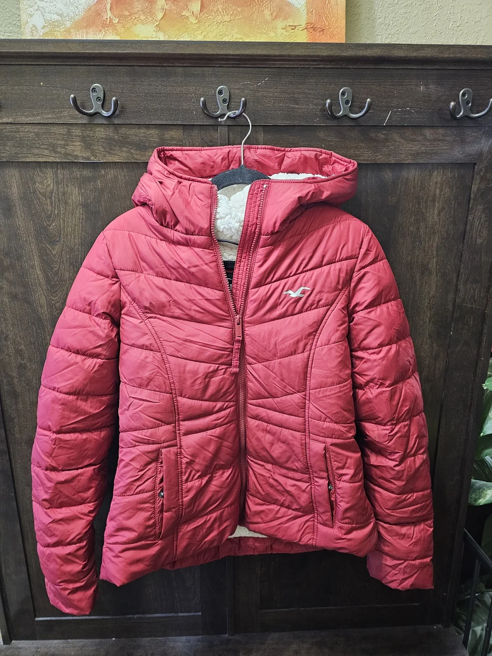 Y2k Hollister Coral-Red Quilted Puffer Jacket with Hood